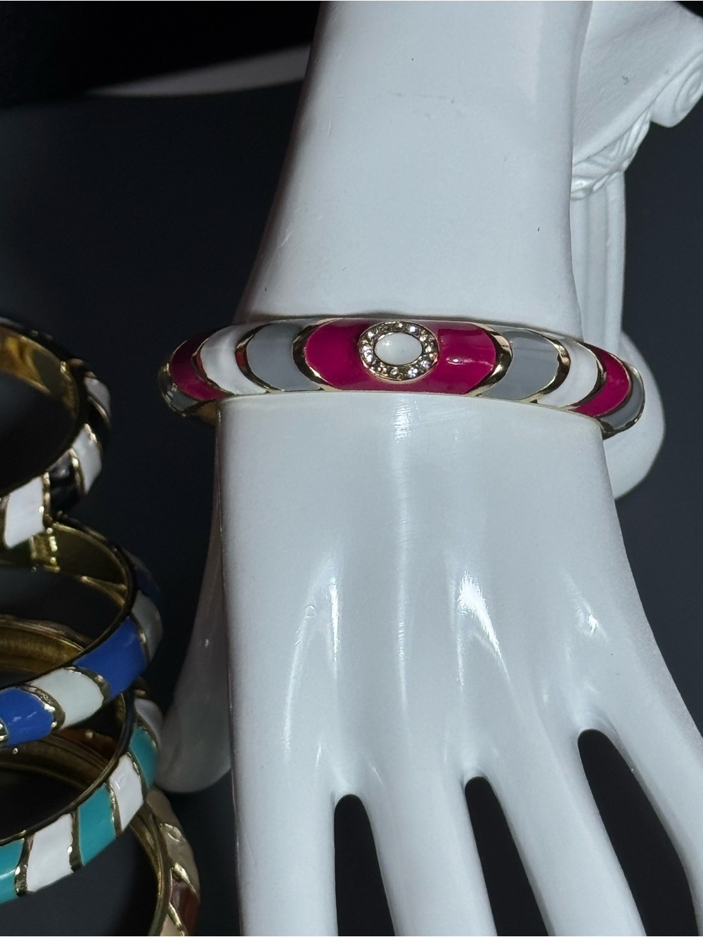 Sequin New York Jeweled Enamel Striped Hinged Bangle Bracelets NWOT Pink